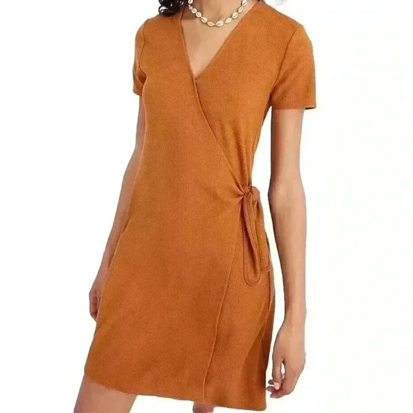 Madewell Texture And Thread Tie Faux Wrap Mini Dress Size XS Fall Spice Mustard - Picture 1 of 9